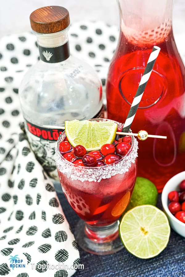 Cranberry margarita with lime and cranberries made with tequila.