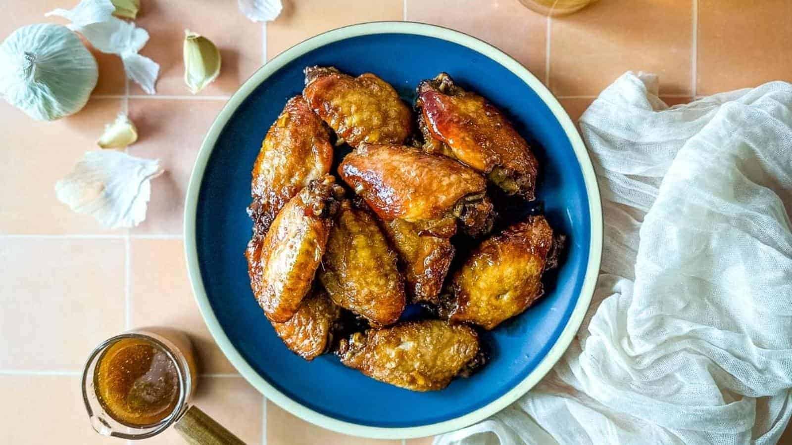 A plate of soy garlic chicken wings.