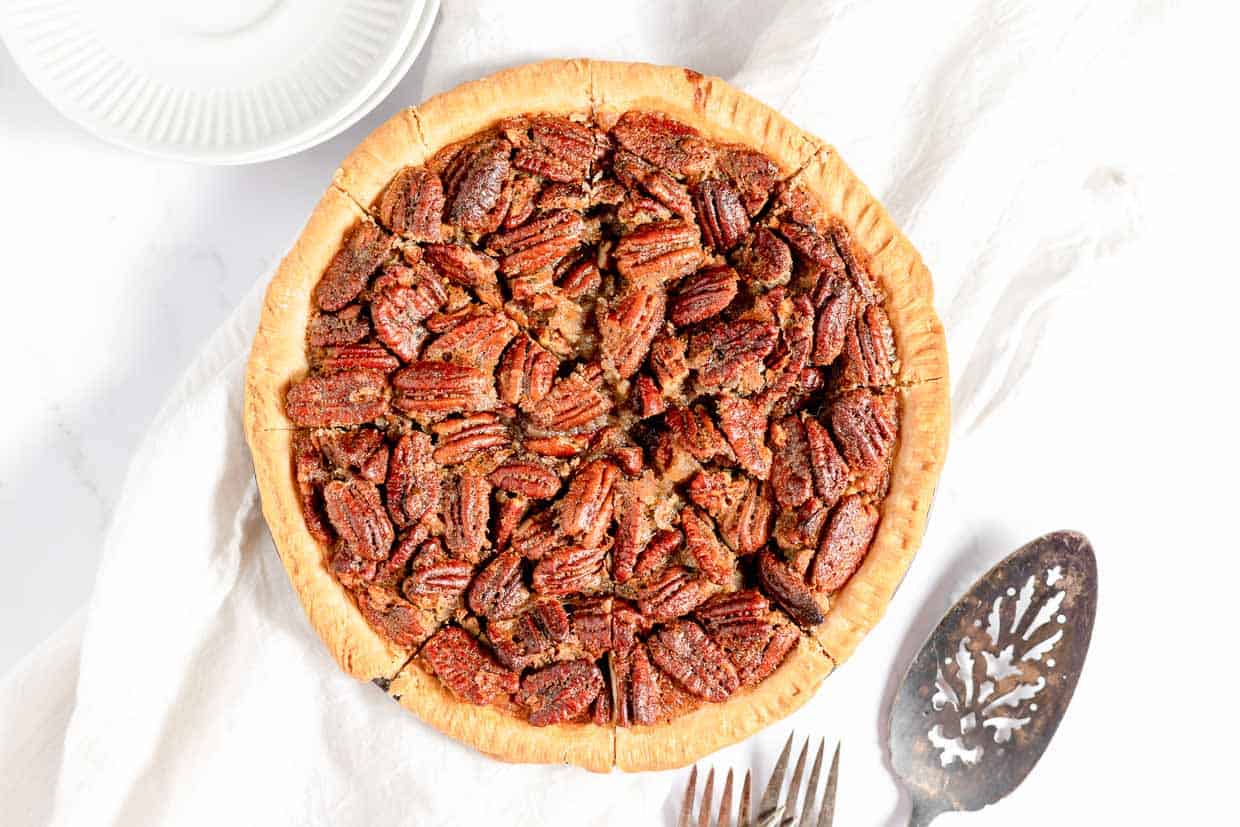 A top down shot of pecan pie.