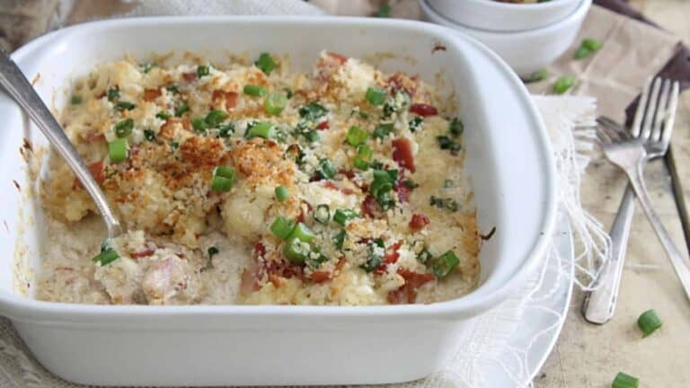 Cauliflower casserole with bacon and green onions.