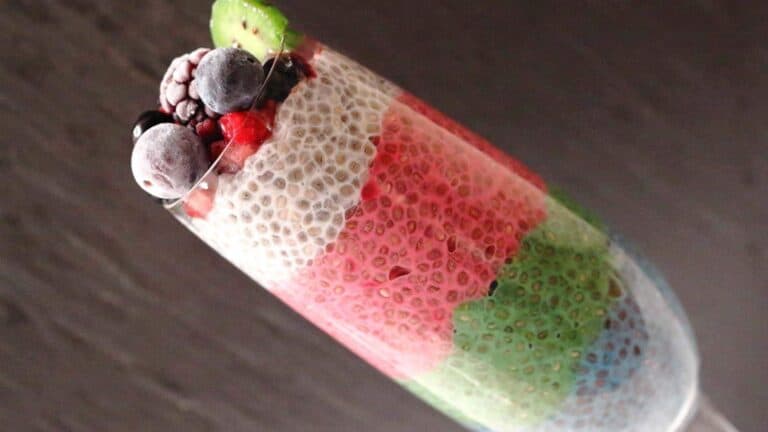 An easy breakfast, a glass filled with colorful chia pudding.