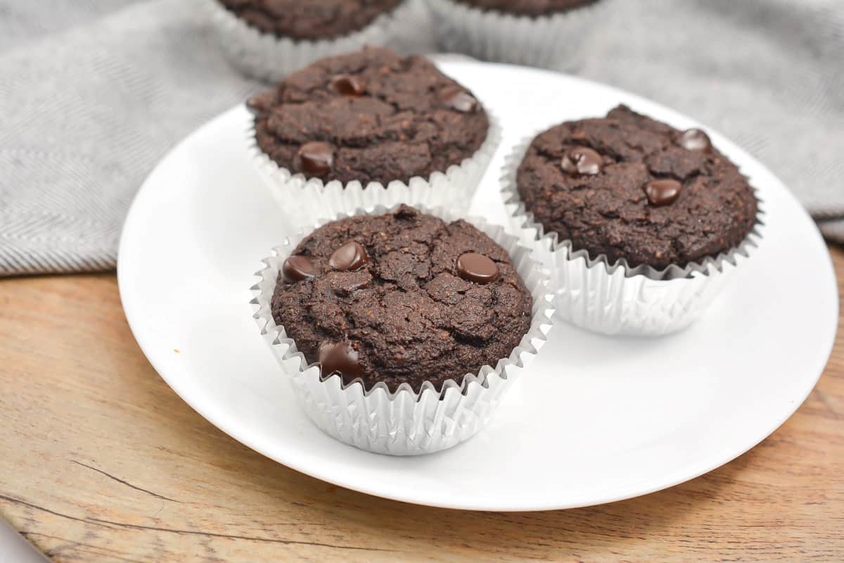 Chocolate muffins on a white plate.