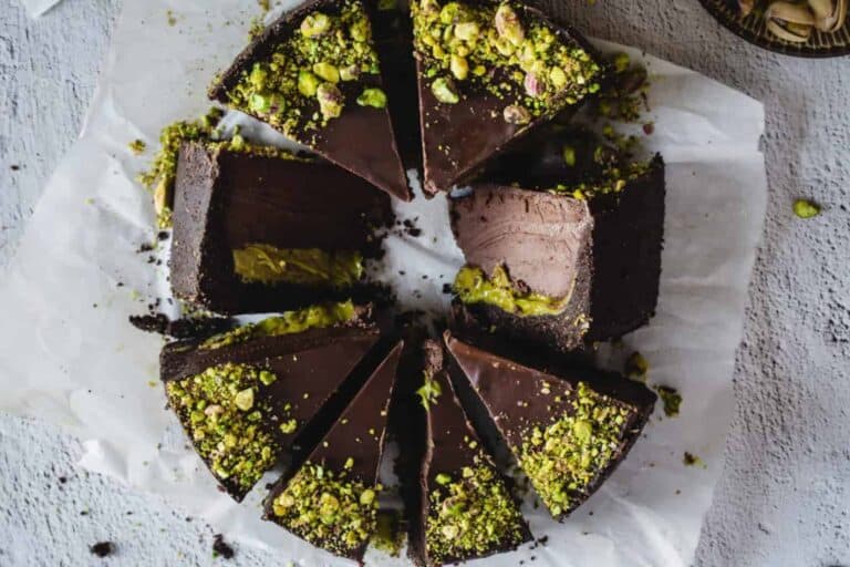 Chocolate pistachio tart with pistachios.