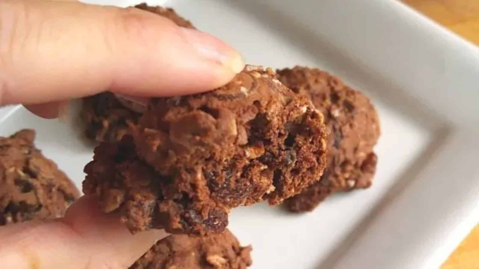 A person holding a chocolatey raisin cookie over a plate.