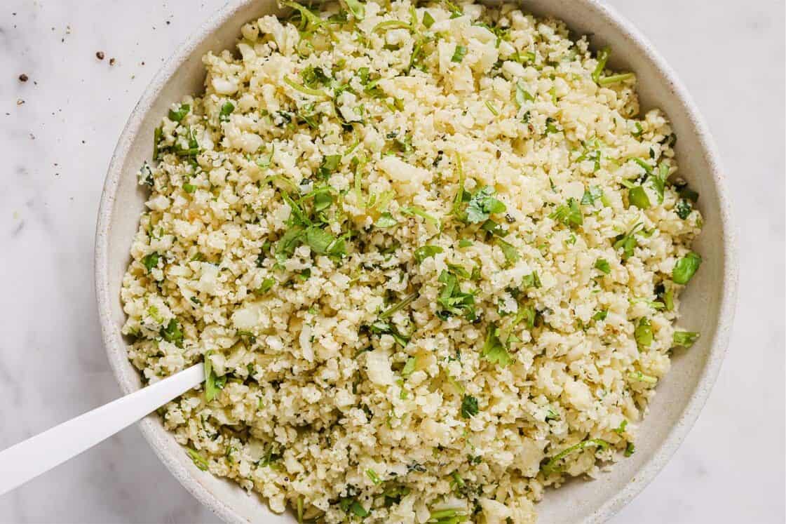 A bowl of cilantro lime cauliflower rice.