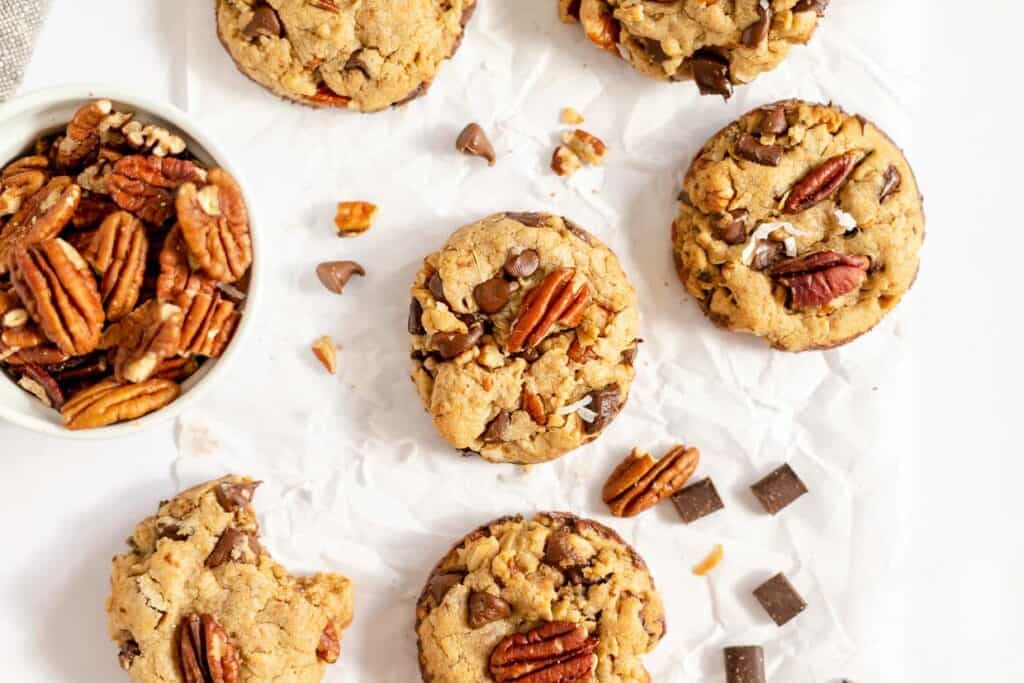 Chocolate chip pecan cookies with chocolate chips and pecans.