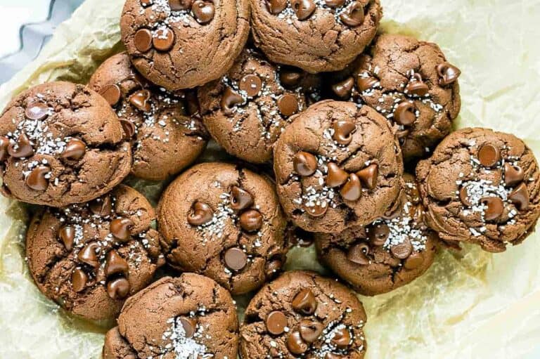 Chocolate chip cookies in a paper bag.