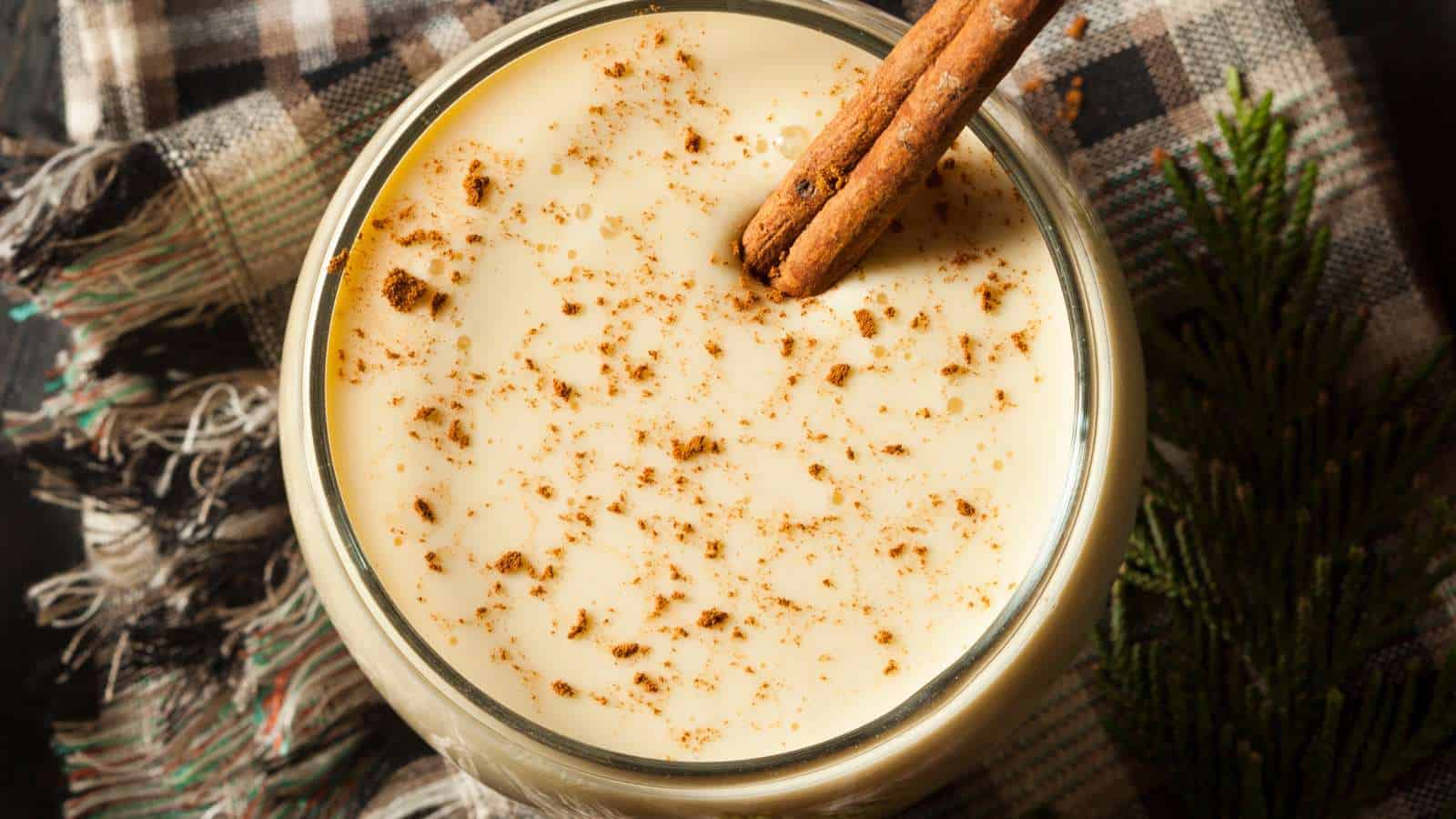 Eggnog in glass with cinnamon stick and cinnamon garnish.