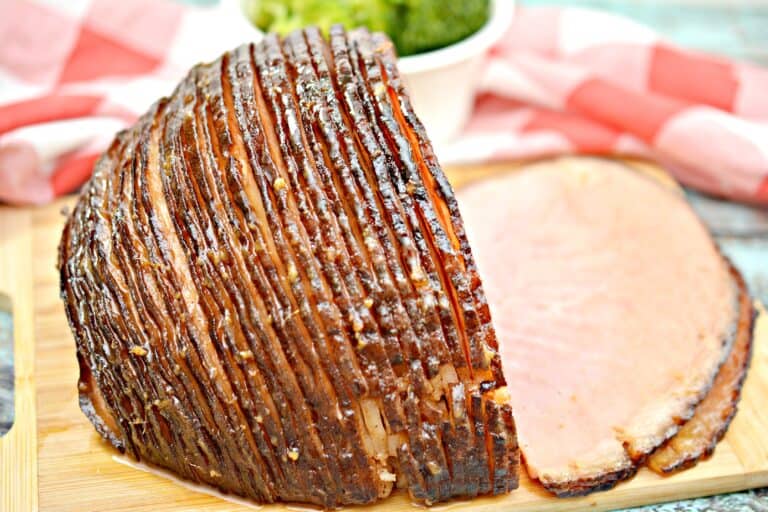 A ham on a cutting board.