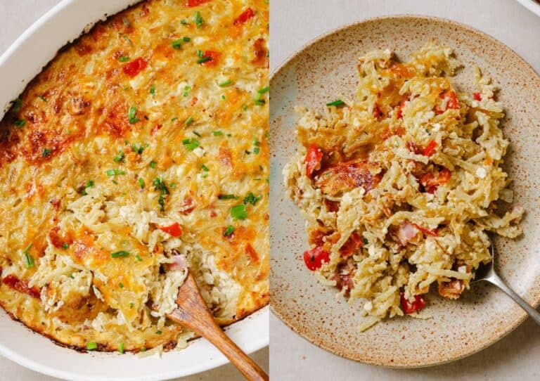 Two pictures of has brown breakfast casserole.