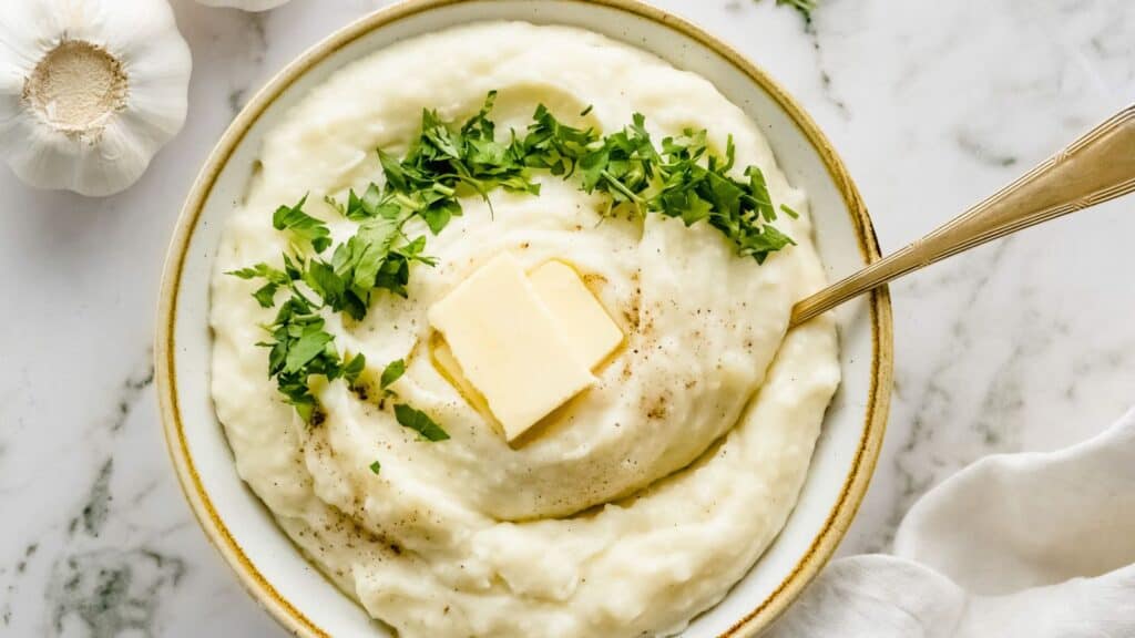 Mashed potatoes with butter and parsley in a bowl.