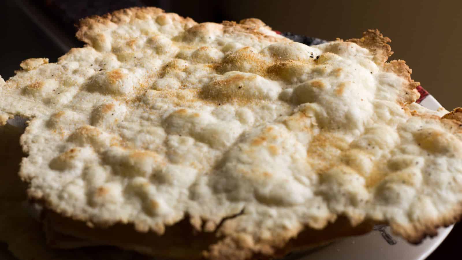 Close up on baked matza.