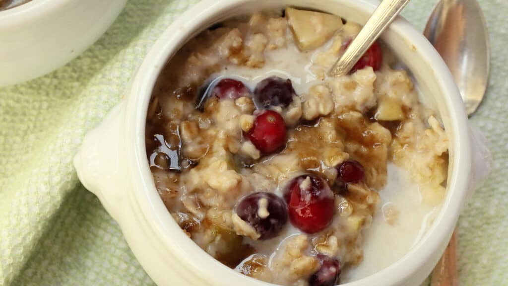 A bowl of oatmeal with cranberries and apples.