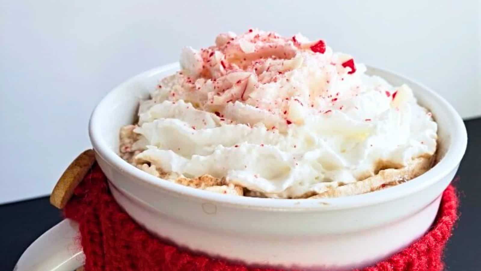 Image shows A cup of hot chocolate with whipped cream and peppermint.