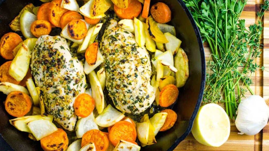 A skillet with chicken, carrots and herbs.