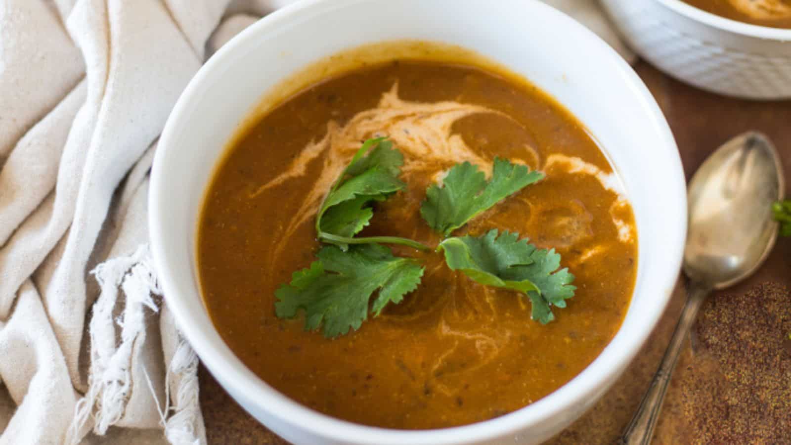 Roasted eggplant soup in bowls.