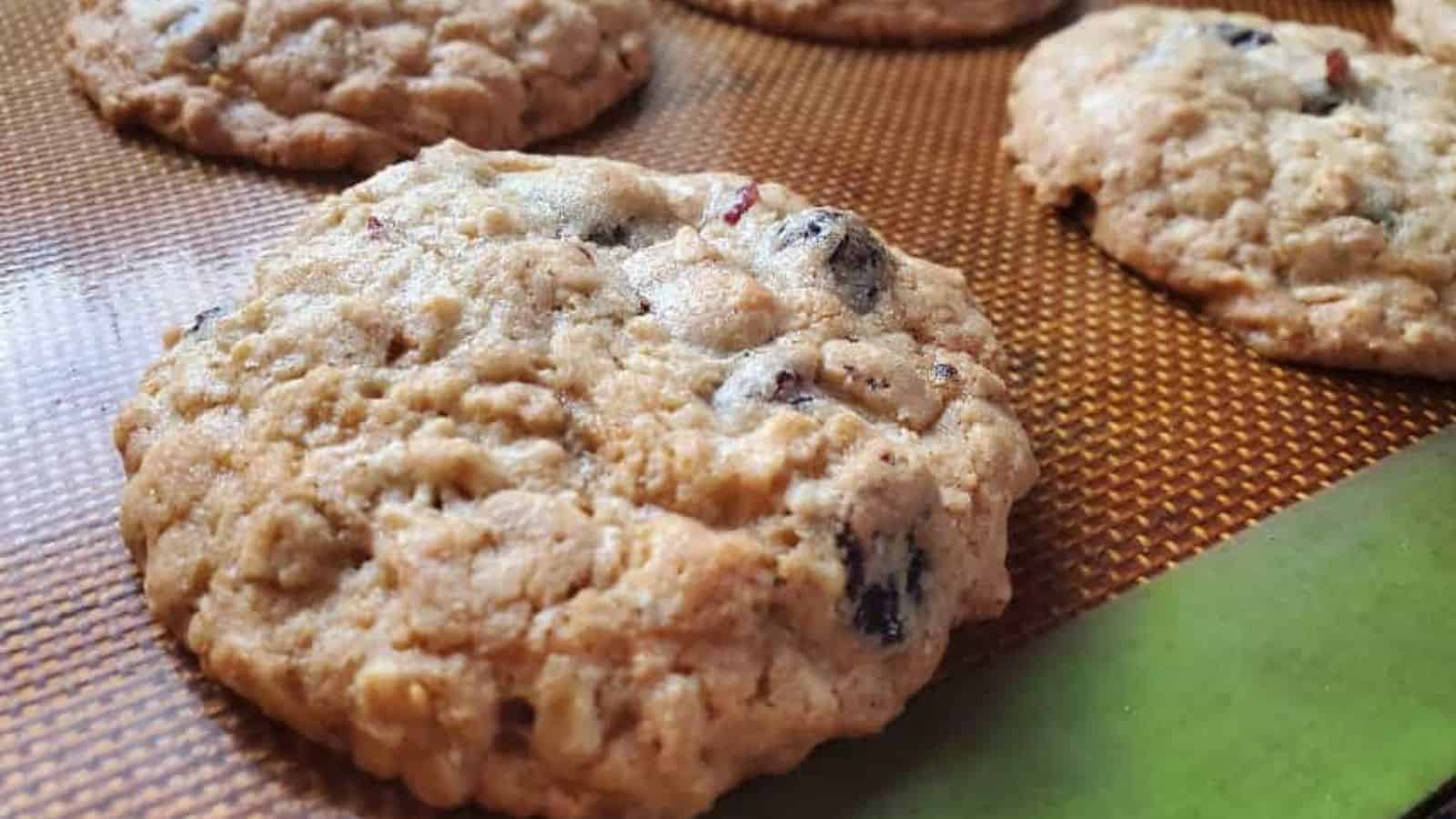 Image shows spiced cranberry oatmeal cookies on a baking sheet.