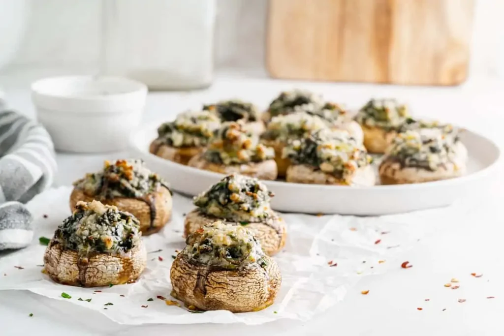 Stuffed mushrooms on paper and plate.
