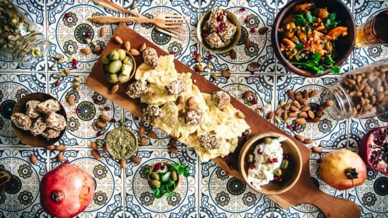 A festive table spread with a tantalizing array of holiday appetizers.