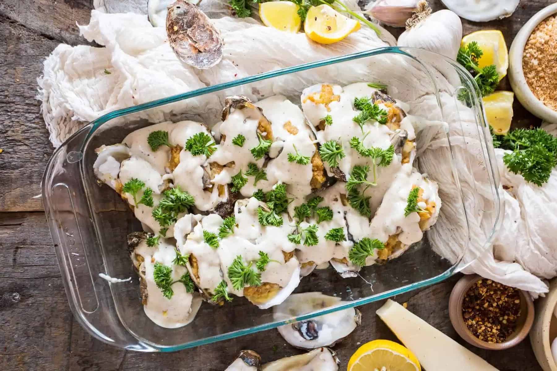 Osyter bake casserole on table with linen and herbs.