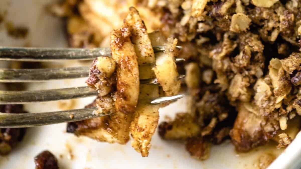 Forkfull of Air Fryer Apple Crisp.