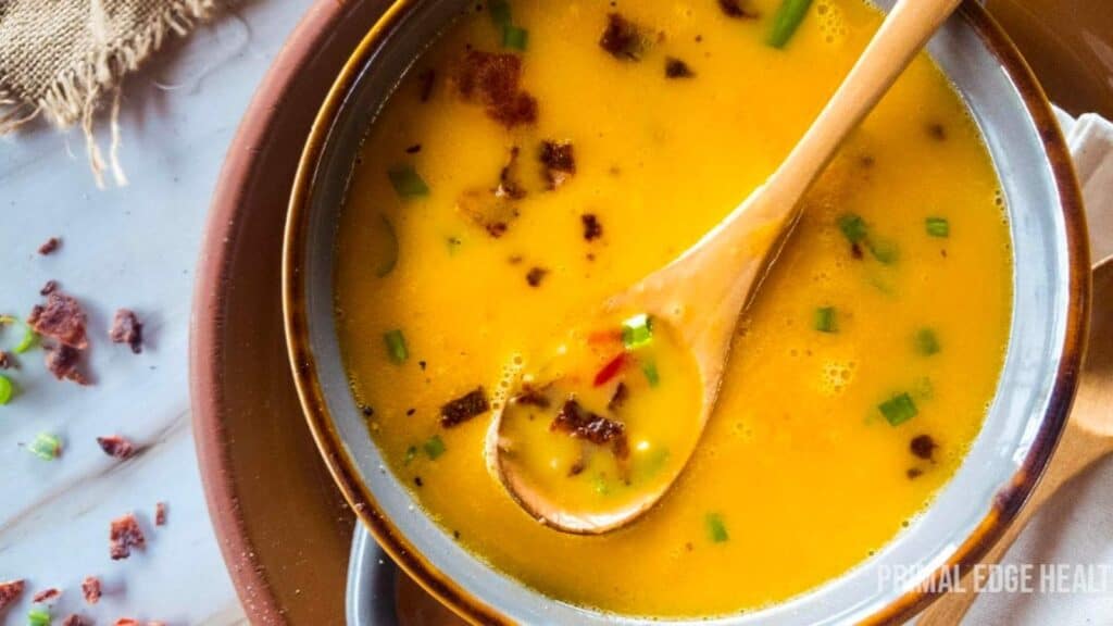 Soup with bacon, beer and cheese in a bowl.