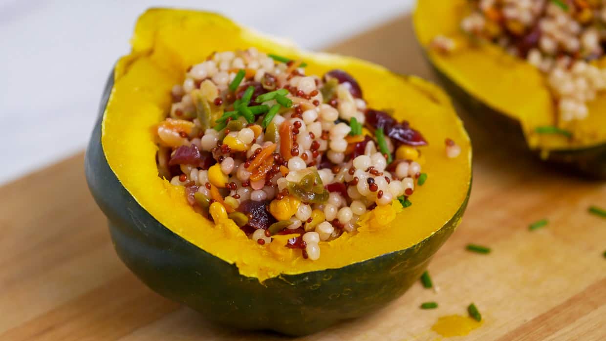 Stuffed acorn squash with quinoa and cranberries.