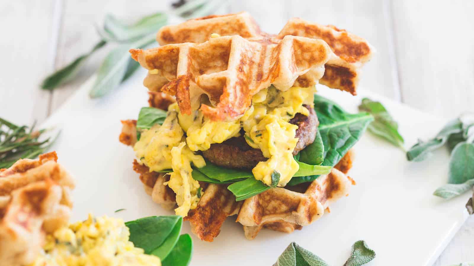 Cheddar sausage and egg waffle sandwiches with baby greens on white platter.