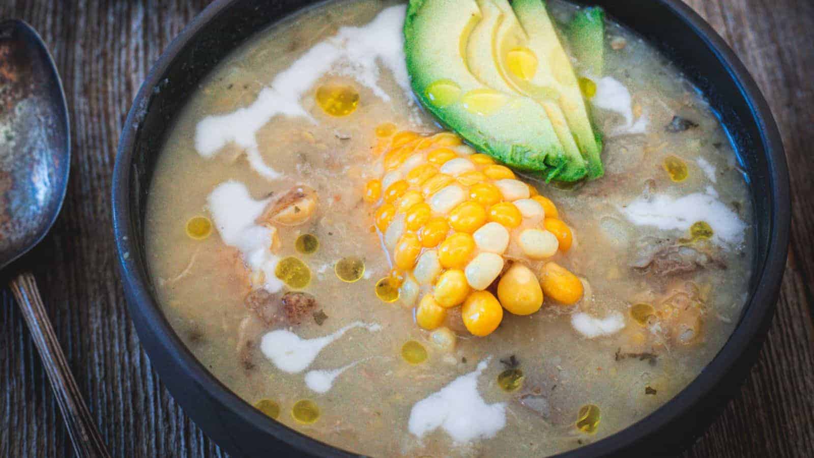 An easy mexican soup with corn and avocado.