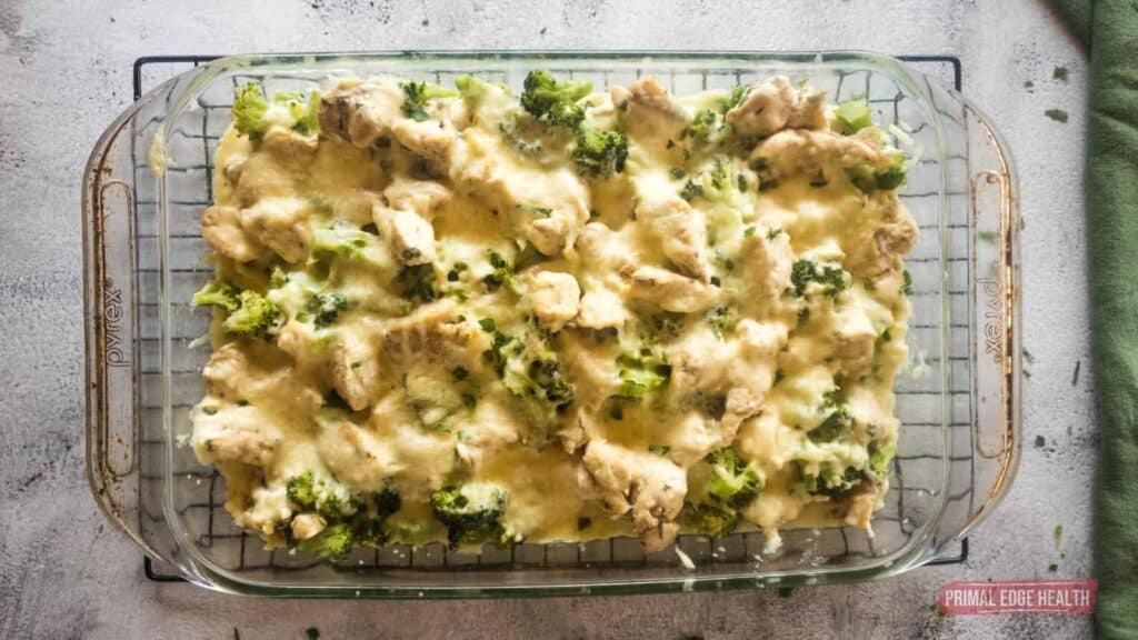 Chicken and broccoli casserole in a baking dish.