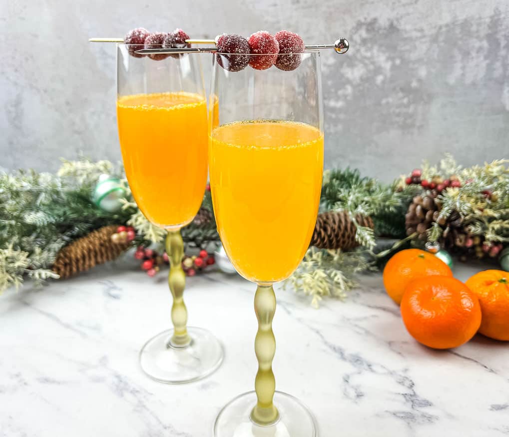 Two glasses filled with orange juice and cranberries.