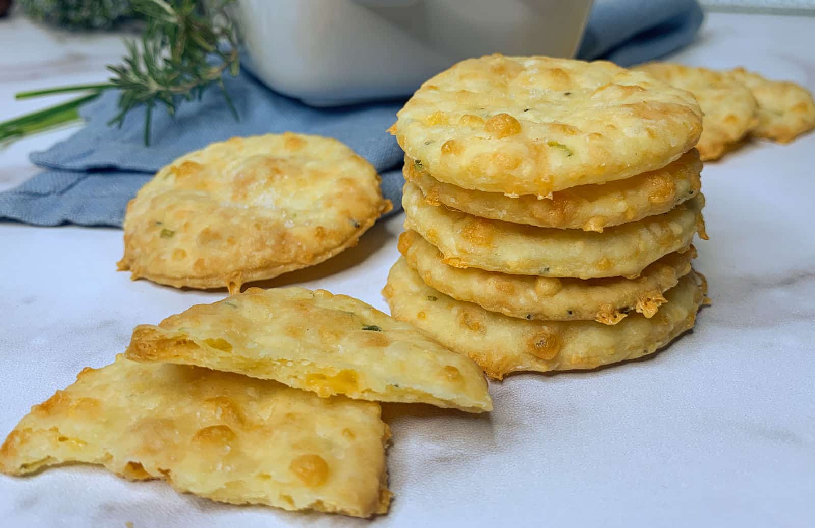 A stack of homemade cheddar cheese crackers.