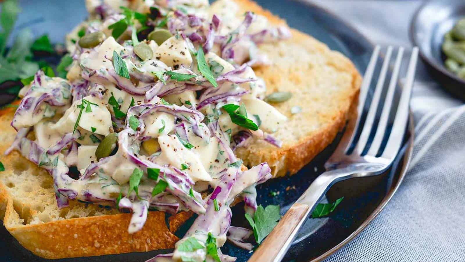 Creamy dijon egg salad on bread.