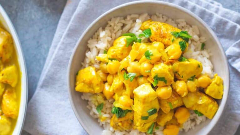 Chicken and chickpea curry with rice.