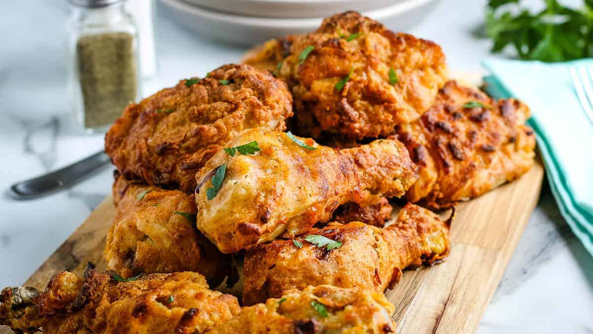 Air fryer fried chicken legs and thighs in a pile on a wooden cutting board.