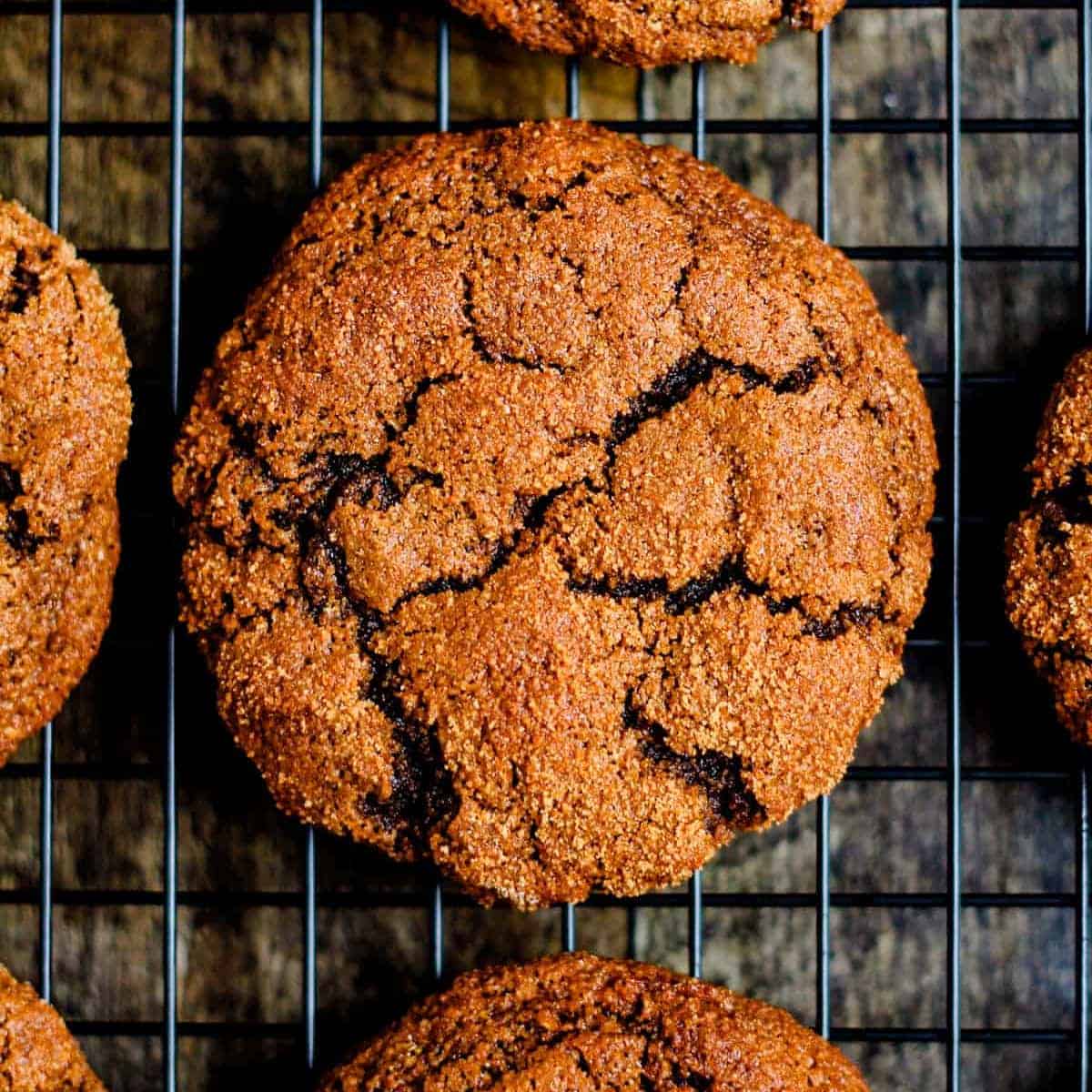 Overhead image of a ginger molasses cookie cooling on a wire rack.