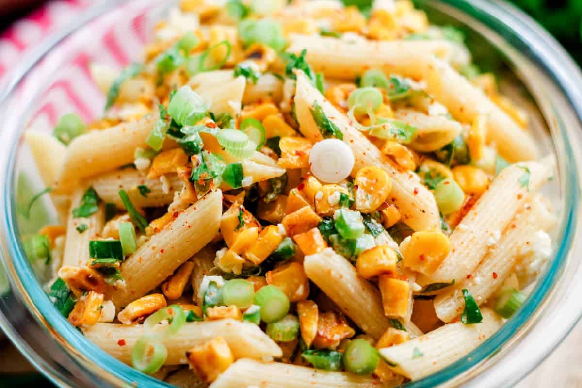 A bowl of Mexican Street Corn Pasta Salad.