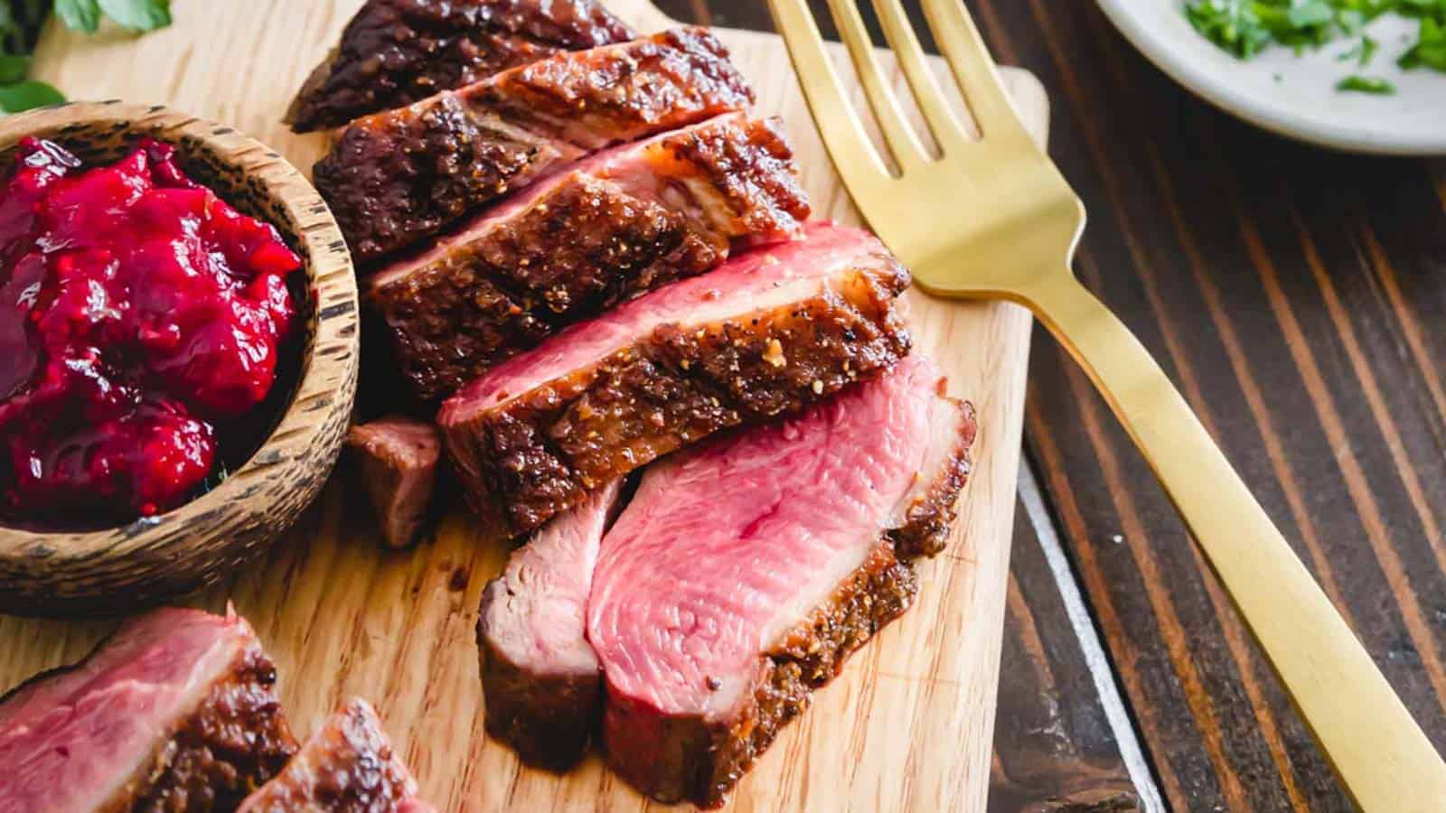 Pan seared duck sliced on a cutting board with cranberry sauce in a small bowl to the side.