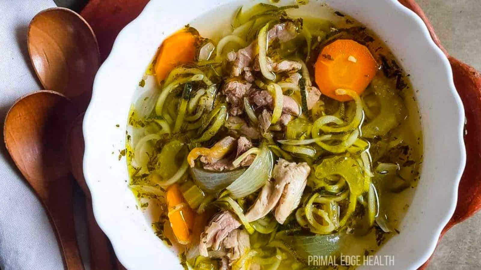 A bowl of slow cooker Chicken Noodle Soup.