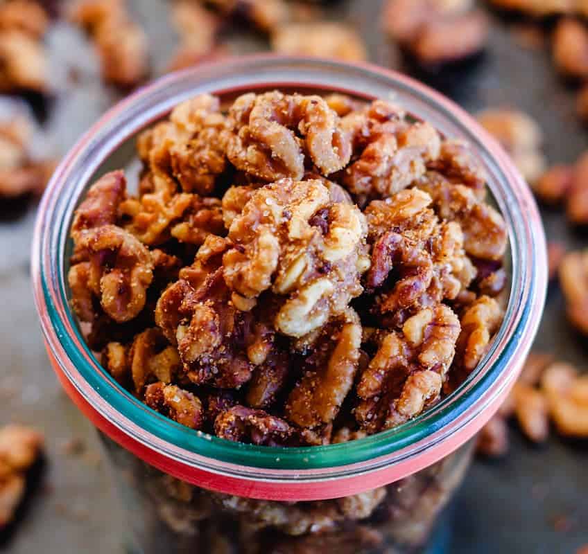 A jar of spiced walnuts.