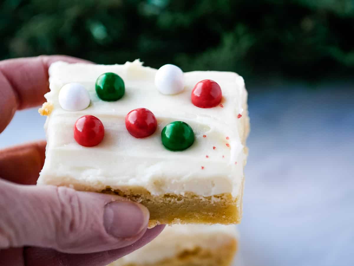 Sugar Cookie Bars with colorful sprinkles.