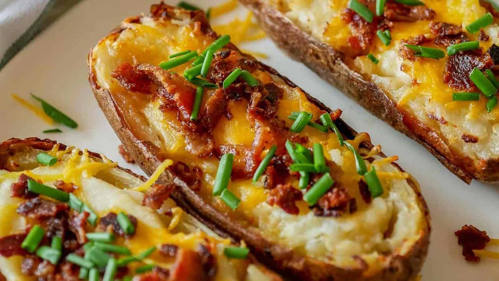 Twice baked potatoes topped with cheese, bacon bits and chives.