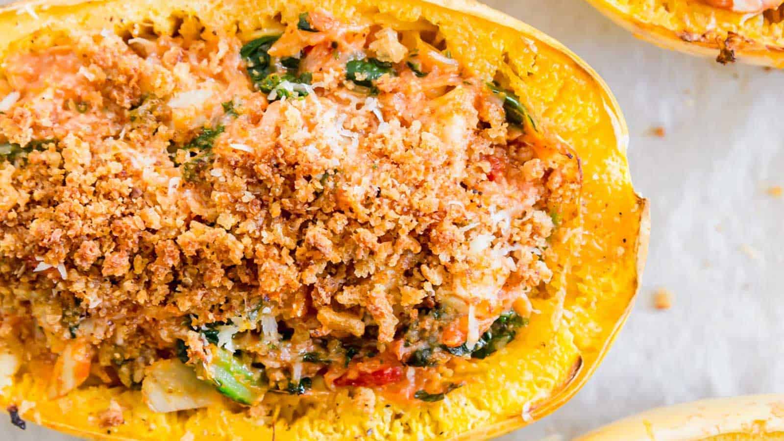 Twice baked spaghetti squash with breadcrumb topping.