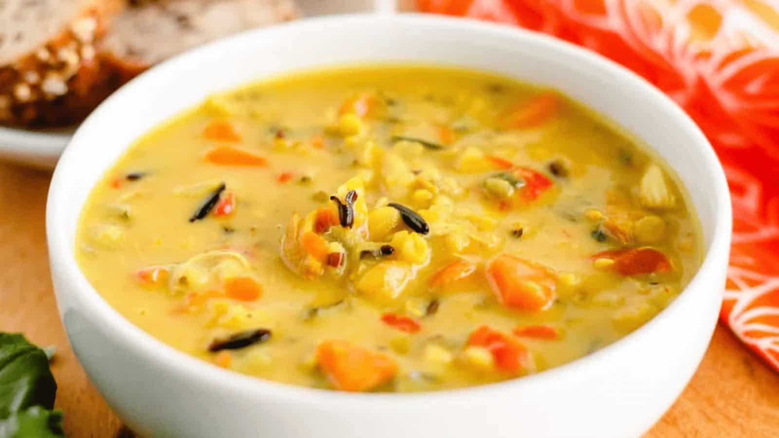 A bowl of chicken wild rice soup.