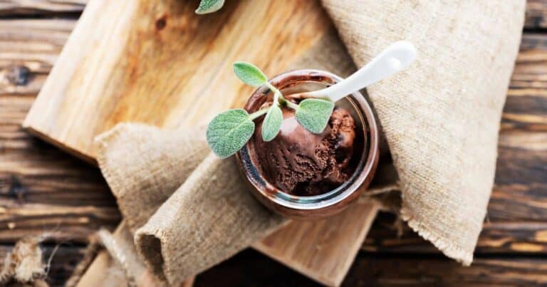 Chocolate ice cream in a jar with sage leaves.