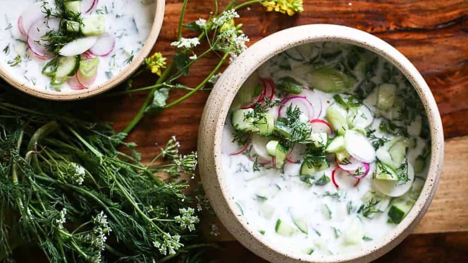 Two bowls of soup with radishes and herbs.