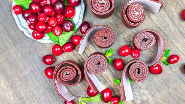 Fruit Roll-Ups on a wooden table.
