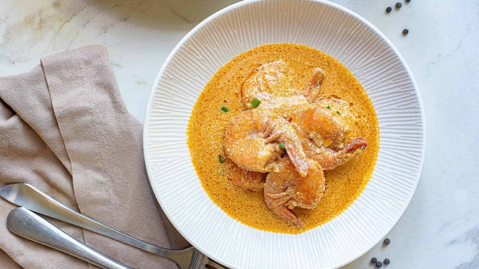 Barbecue Shrimp in a white bowl.