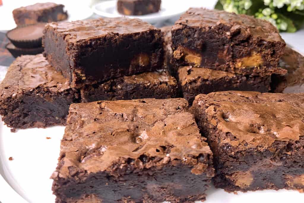 A plate of brownies on a white plate.