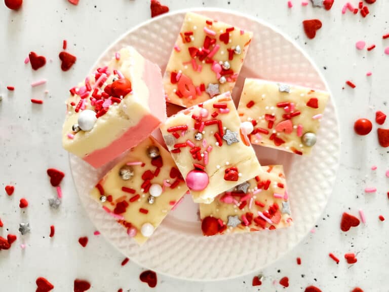 Valentine's day fudge on a white plate.